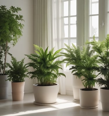 A minimalist shelf holding calming crystals, a candle, and a small fern.