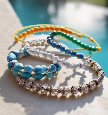 Artisan hands carefully threading natural stones into a minimalist bracelet against a backdrop of linen fabric.