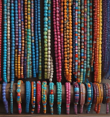 Soft sunlight filtering through window blinds onto a collection of handcrafted earrings arranged on a wooden tray.