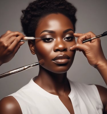 Sandra smiling warmly while touching up a client’s makeup under bright studio lights.