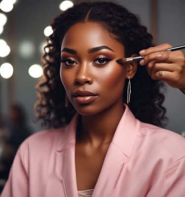 Close-up of a Cameroonian celebrity with vibrant, flawless makeup highlighting her natural beauty.