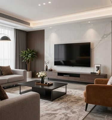 Creative exhibition stand featuring sleek wood panels and dynamic shapes.