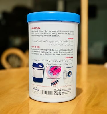 Back view of Pakiza Laundry Cream jar by ZSA Traders Pakistan showing usage instructions, ingredients, and product details fo