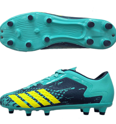 Botines de fútbol en color turquesa y azul marino con rayas amarillas y tacos para terreno firme.