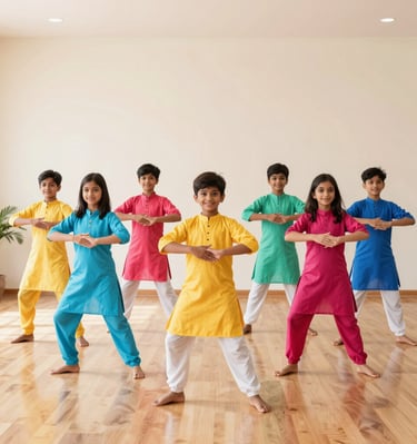 A joyful child spinning with flowing traditional attire in a sunlit room.
