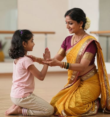 A group of children in colorful traditional costumes smiling during a dance lesson.