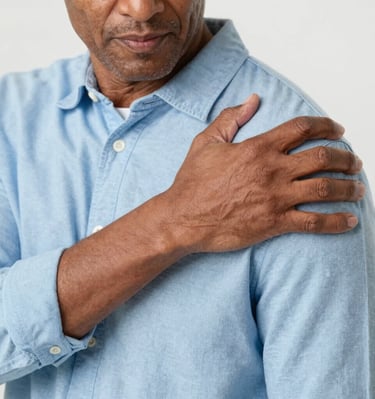 Um homem segurando o ombro com dor, representando sintomas de lesão no ombro ou artrite.