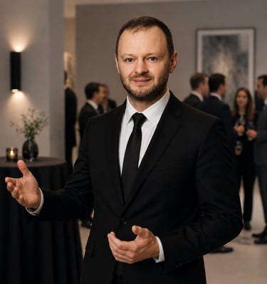 Un maître d'hôtel professionnel en costume noir fait un geste lors d'un événement d'entreprise.