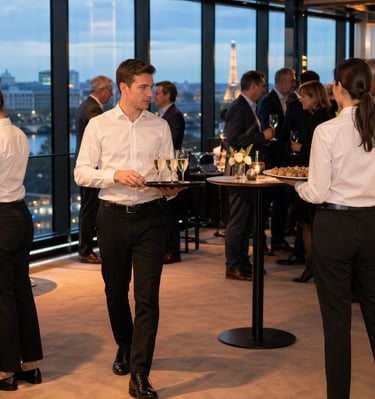 Des serveurs professionnels animent un cocktail d'entreprise à Paris avec vue sur la Tour Eiffel.