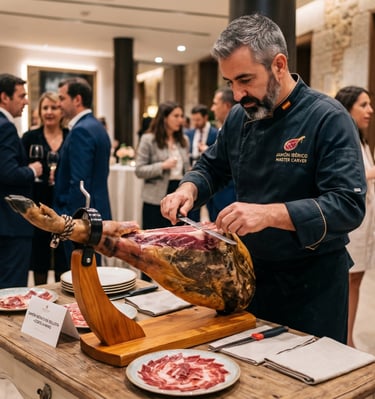 Un chef-maître charcutier professionnel découpe du jambon ibérique lors d'un événement d'entreprise.