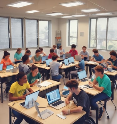 Create a bright, modern classroom scene showing students actively collaborating on a Python coding p