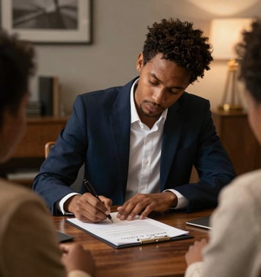 A professional notary in a dark blue suit signing documents at a client's home with warm natural light