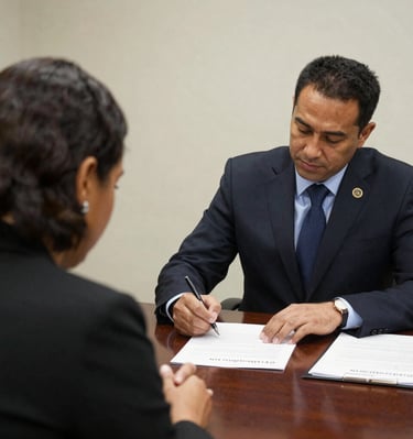 A notary carefully reviewing estate documents at a quiet library table with soft overhead lighting