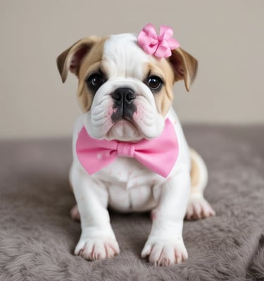 A brown and white dog laying on top of a bed