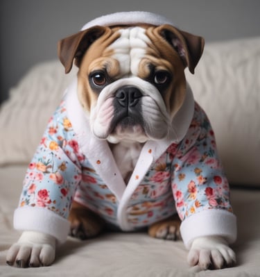 Bo wearing a tiny crown, looking royally stubborn on a vintage armchair.