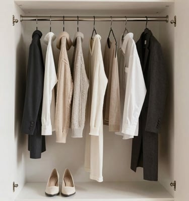 A bright, airy closet with natural light highlighting the clean, organized setup.