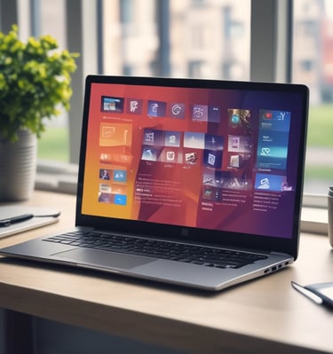 Technician installing a branded laptop in a modern office setting.