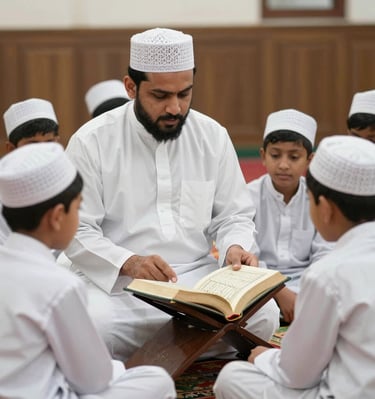 Students engaged in a lively discussion about Islamic manners in a cozy study circle.