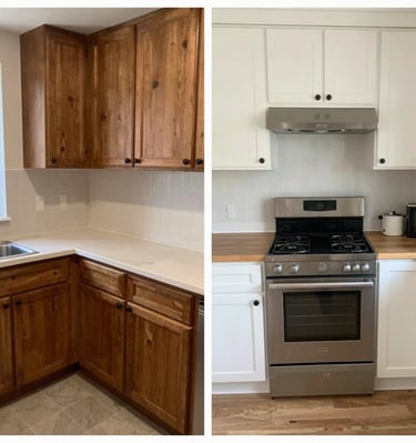 A freshly renovated kitchen featuring warm wood cabinetry and modern fixtures, bathed in natural light.