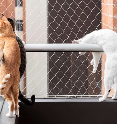 Completed balcony safety net installation with a scenic cityscape in the background.