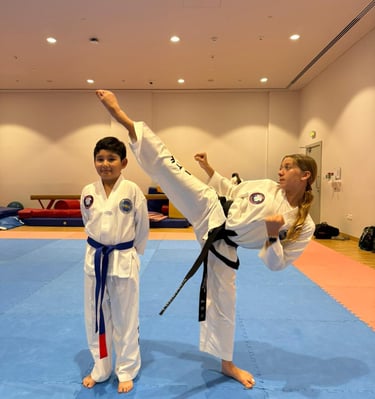 Hwa Rang Blackbelt in ITF Taekwondo practicing kicks at Hwa Rang Taekwon-Do Club in Dubai