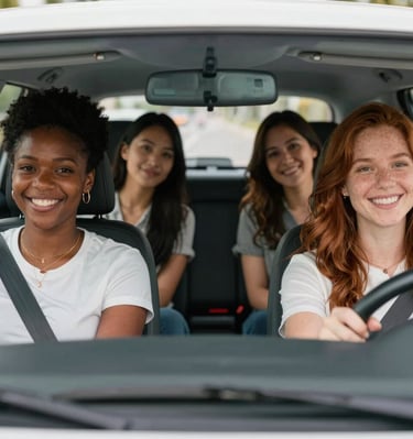 Close-up of a female driver's hands on the steering wheel, showing professionalism and care.