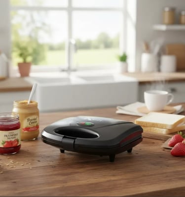 Black electric sandwich maker on a wooden kitchen counter with bread, jam, and strawberries.