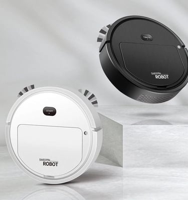White and black automatic robotic vacuum cleaners on a modern stone floor.