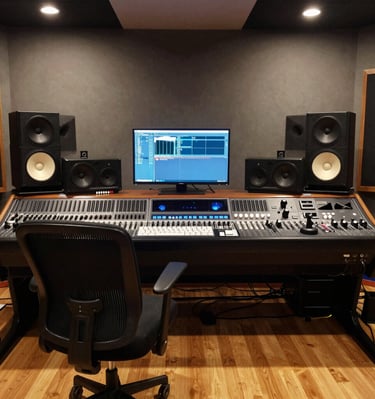 Jayson Sanger’s hands delicately adjusting vintage analog mixing console knobs in a warmly lit studio.