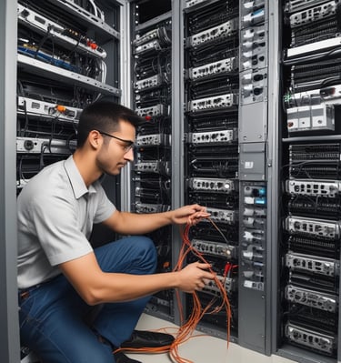 Technician setting up networking cables behind a wall panel.