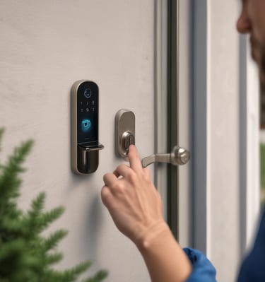 Wide shot of a living room featuring integrated smart lighting and security cameras.