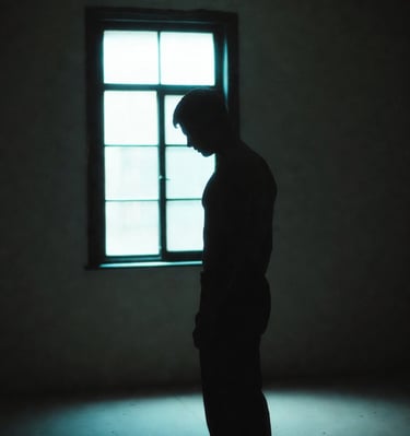A person standing in a quiet room at night, light from a single window casting long shadows.