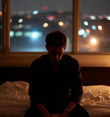 A solitary figure sitting on the edge of a bed at 3 a.m.