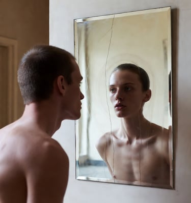 A person looking into a cracked mirror where their reflection is slightly misaligned or faded.
