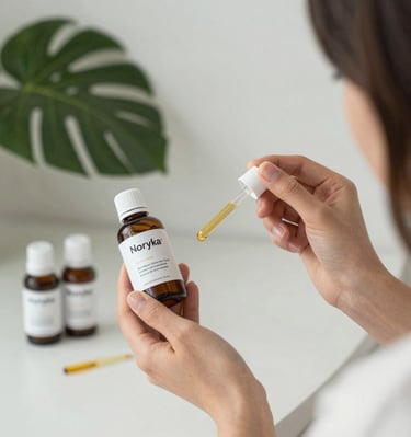 Elegant glass bottles of Noryka Labs serums placed on a wooden surface with green leaves.