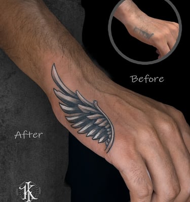 Close-up of precision tattoo work using professional equipment