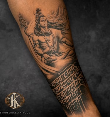 Lord Shiva tattoo with detailed shading by professional tattoo artist in Navi Mumbai