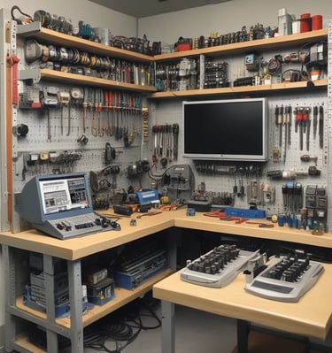Workshop scene showing multiple diagnostic devices and tools arranged neatly