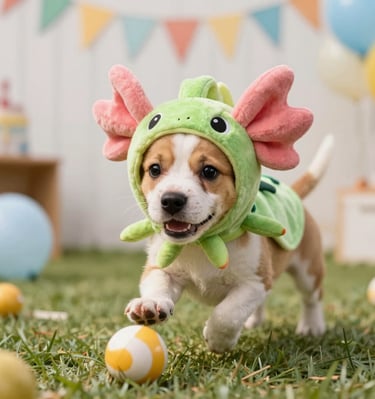 A playful puppy running outdoors wearing a vibrant custom hoodie.