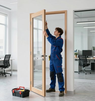 Carpenter fixing a door frame in a modern office space.