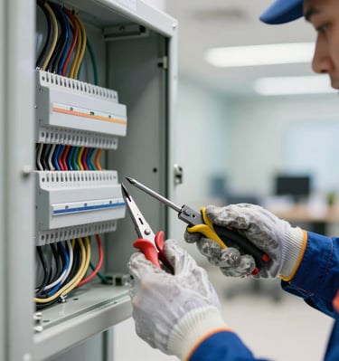 Close-up of hands repairing electrical wiring inside a commercial building.