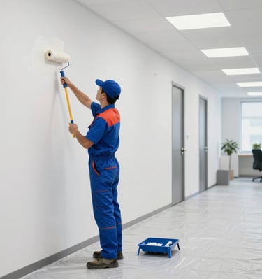 Worker patching and painting a wall in a corporate office corridor.