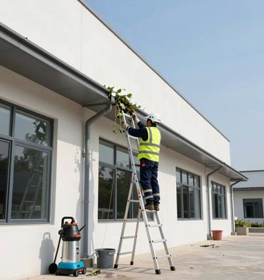 Maintenance crew cleaning and clearing gutters along a building exterior.