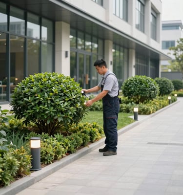Landscaper trimming shrubs and maintaining walkway lighting outside a commercial property.