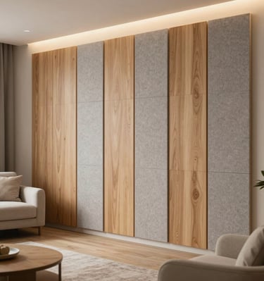 Wooden acoustic wall panels adding natural warmth to a cozy living room.