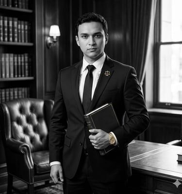 Hombre de pie con saco negro sosteniendo libro en una sala antigua. Imagen blanco y negro.