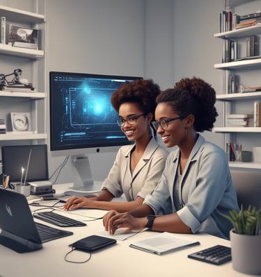 a group of people sitting at a table with computers