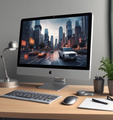 a desk with a laptop and a monitor screen