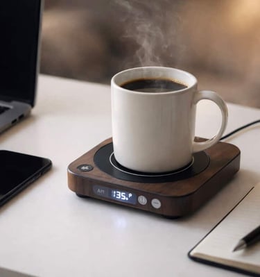Smart mug warmer keeping coffee hot on a desk beside a laptop and notebook