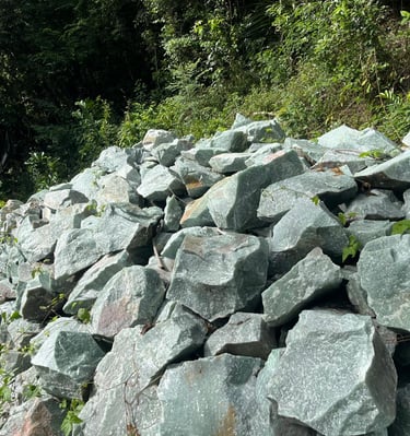 Uma pilha de rochas e minerais de quartzo verde bruto em um cenário de floresta tropical.